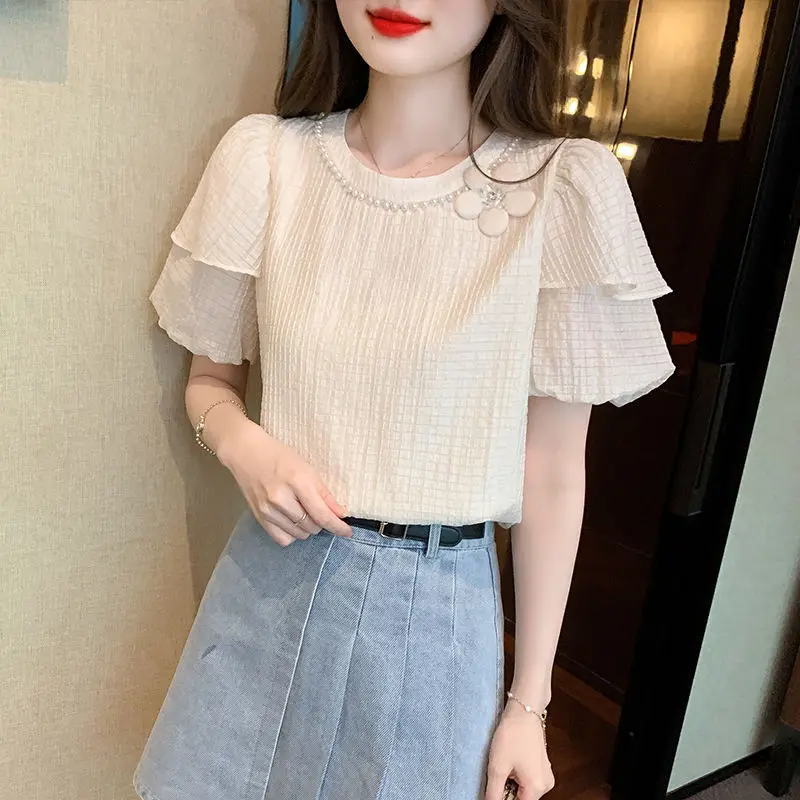 Women Summer Korean Fashion Lace Solid Color O-neck Short Sleeve Shirts Women Clothes Casual All-match Appear Thin Trend Tops