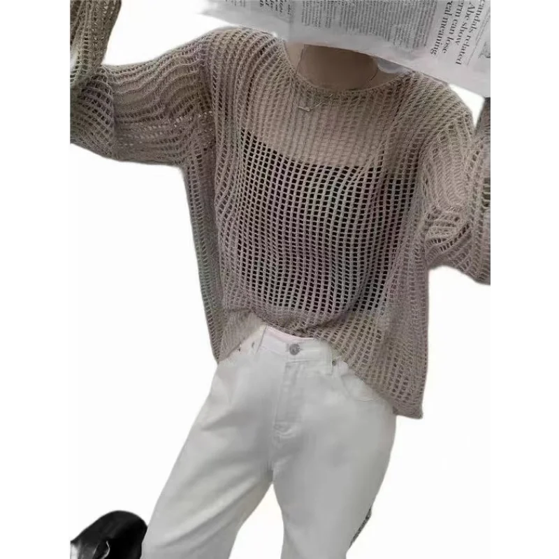 Letnia wydrążona dzianinowa koszula T-shirt damski 2024 Nowy cienki okrągły dekolt z długim rękawem Luźny pulower Sto i jeden Modne topy