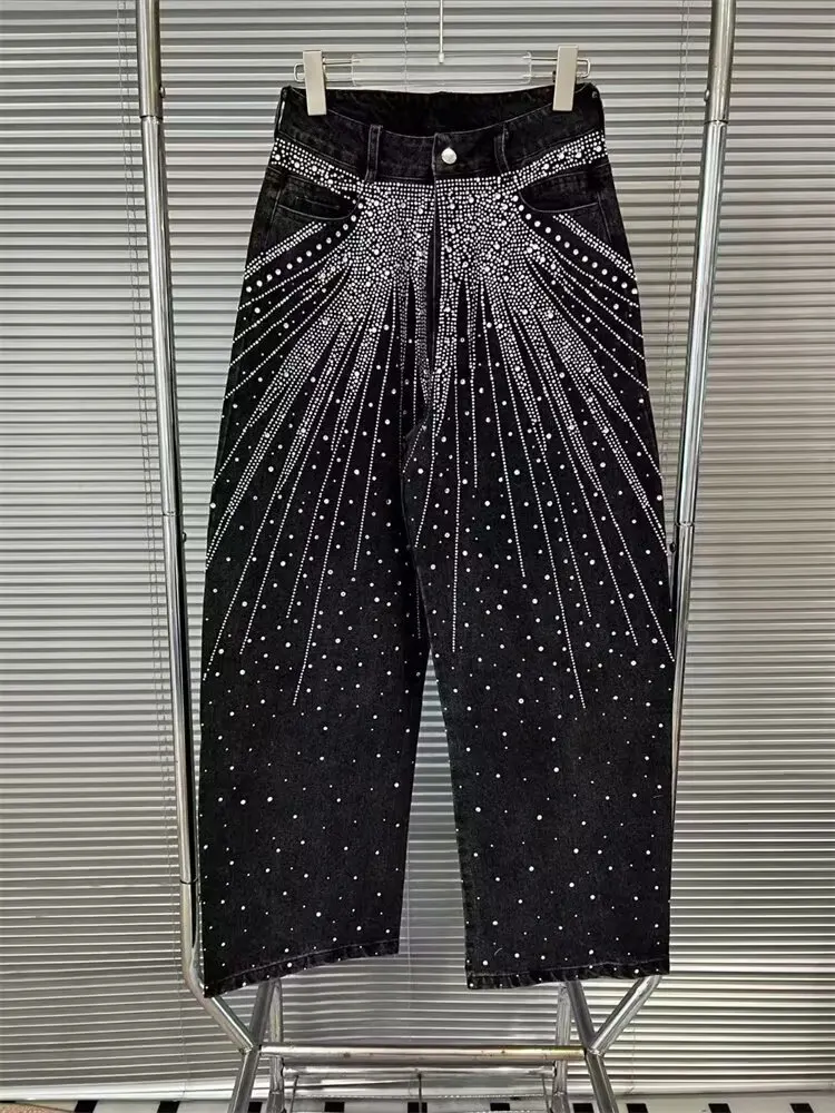 Fashionable High Street Full Rhinestone Jeans American Fashion Retro Luxury Design Shiny Loose Men's Black Denim Pants