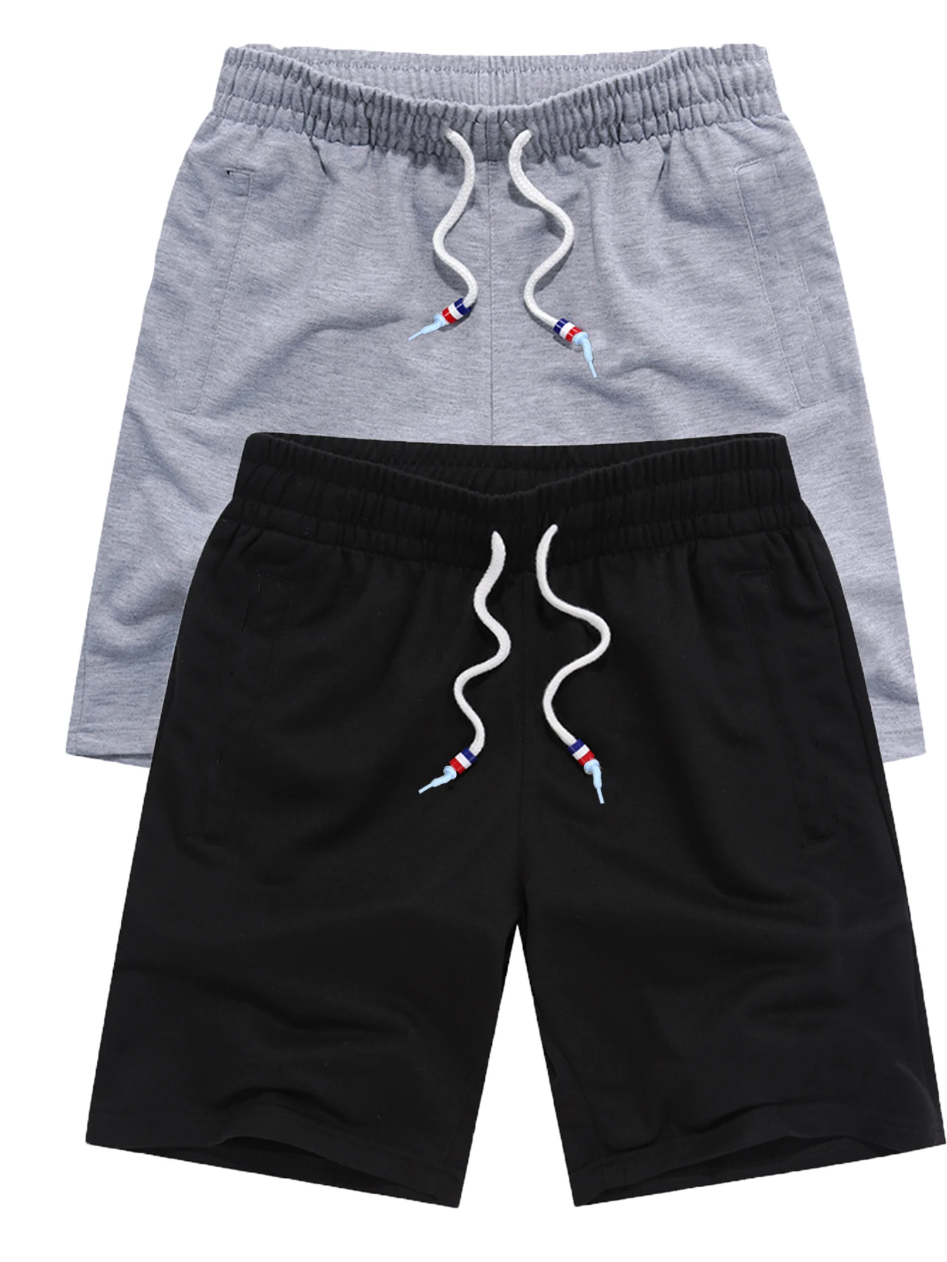 2Pcs Men Solid Color Shorts, Black & Grey High Stretch Sports Shorts for All Outdoor Activities, Fashion Athletic Wear