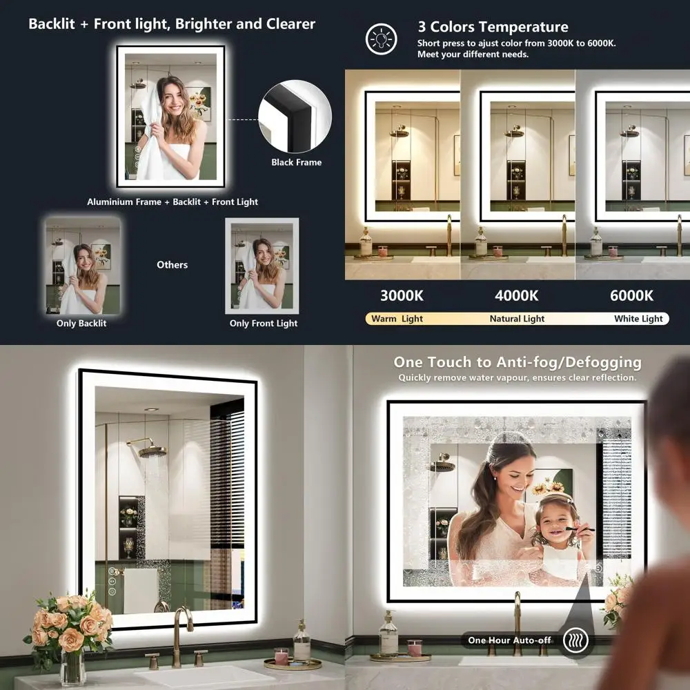 

LED-Illuminated Bathroom Mirror, 28x36 Inches, Black Frame, Front and Back Lighting, Dimmable, Anti-Fog, Tempered Glass, Wall-Mo