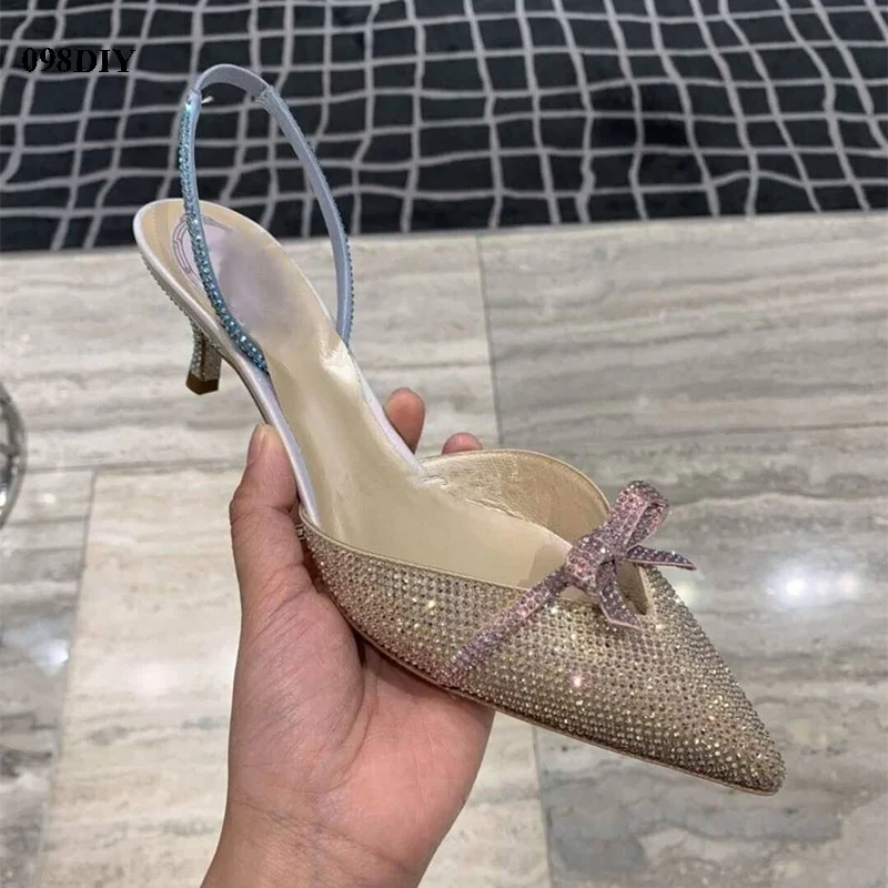 Bling Bling Crystal Bow Knot Slingback Pointed Toe Wedding Party Shoes Women 8Cm High Heel Pumps Slip On Dress Shoes Small Size