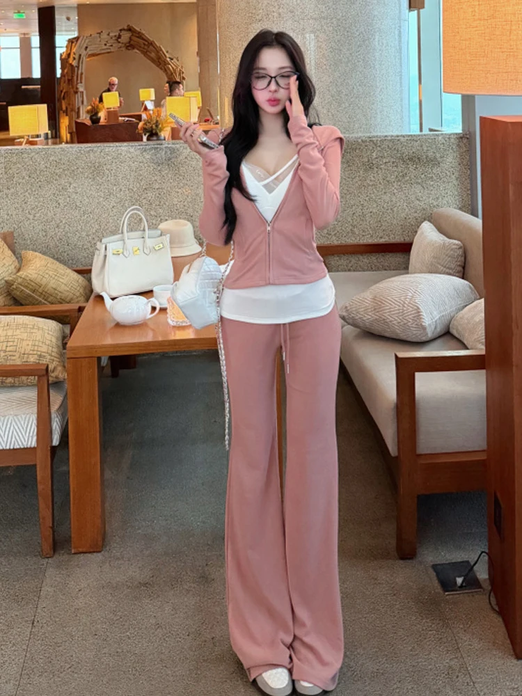 Korean Style Casual Set New Autumn Long Sleeve Hoodie Jacket Top Letter Strap Vest Long Pants Women's Fashion Set Three-Piece...