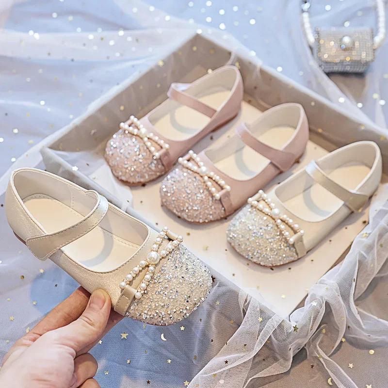 New Children Leather Shoes Rhinestone Pearl Princess Girls Party Shoes Fashion Student Kids Performance Flats Shoes Hook & Loop