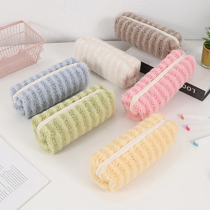 Cute Simple Plush Checkered Pencil Pouch Portable Multifunctional Stationery Storage Bag Large Capacity Pencil Case Gifts