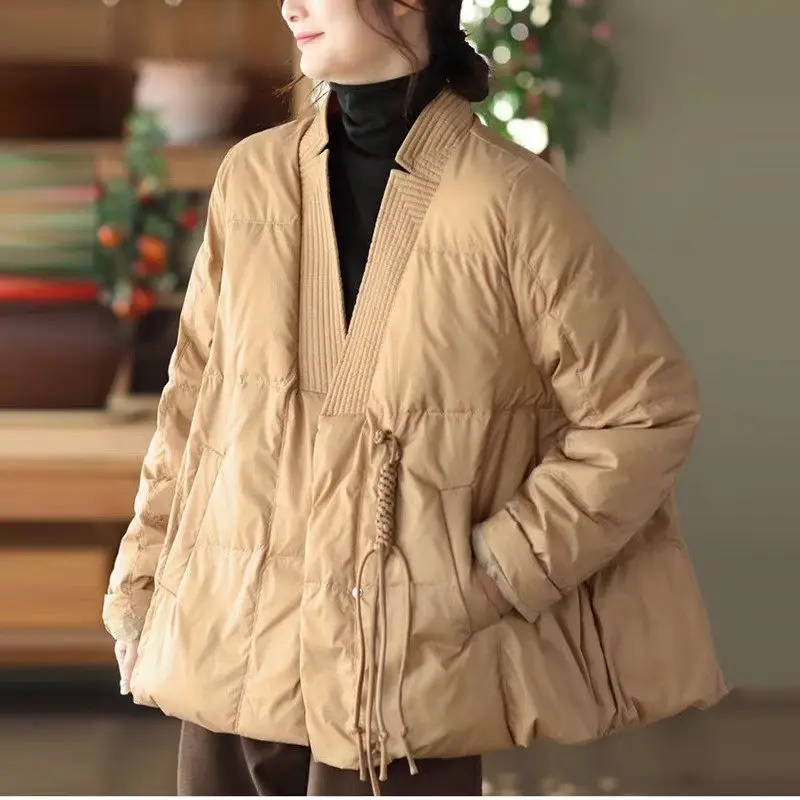 Dünne Daunen baumwoll jacke für Frauen Herbst Winter chinesischer Retro-Stil V-Ausschnitt lässig leichter vielseitiger Stepp mantel a021