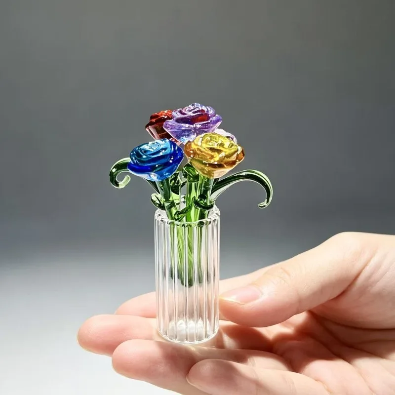 Mini Glass Rose Combination Vase Flower Arrangement Handmade Decoration, Suitable for Bedroom and Office Desktop Decoration