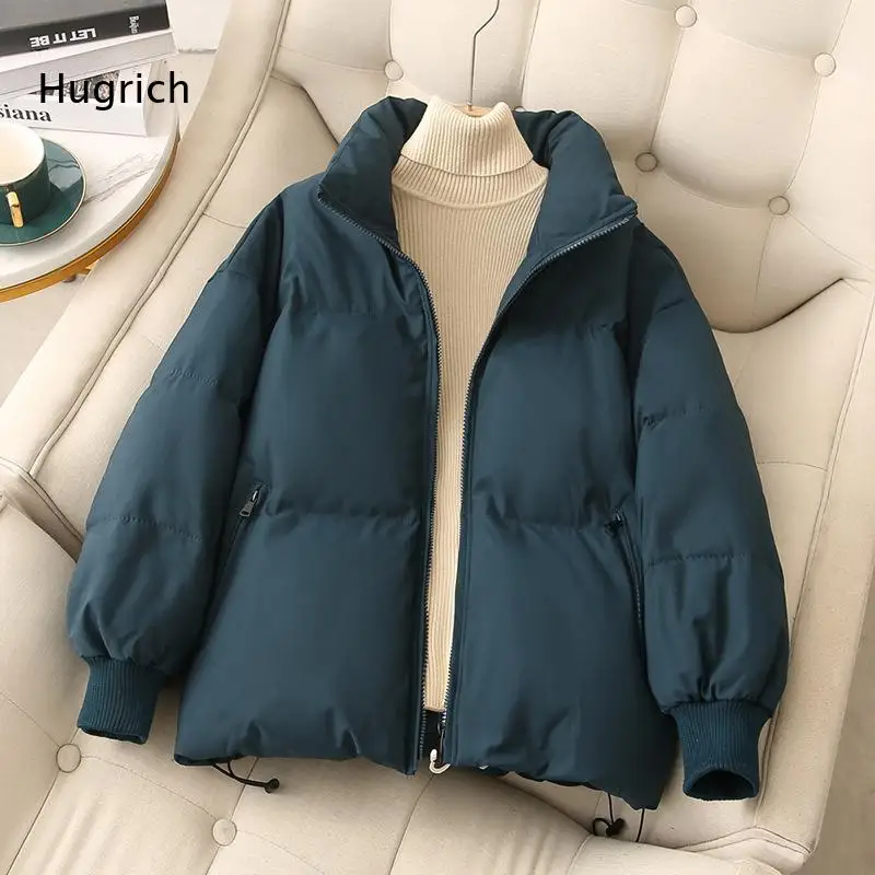 Women's Short Puffer Jacket Stand Collar Zip Up Padded Coat Loose Fit Warm Winter Outerwear Solid Color Casual Streetwear
