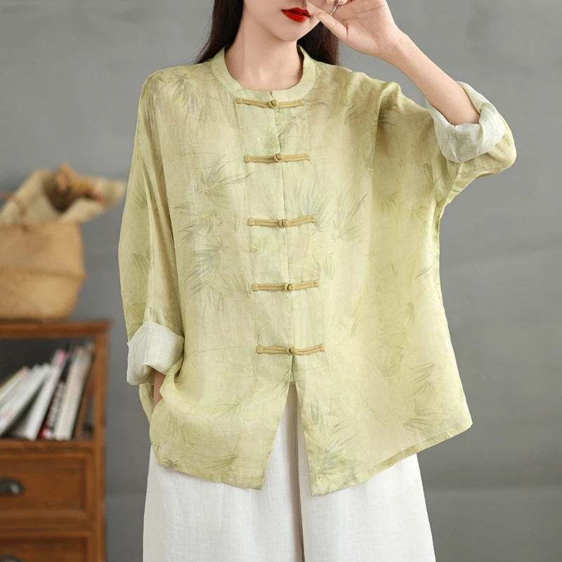 レトロな民族風プリント麻素材の女性用春秋ハイエンド気質ボタンアップコート、芸術的な襟、改良されたタ...