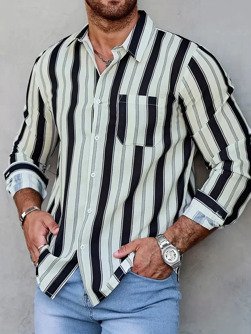 

Модная мужская полосатая рубашка с длинным рукавом, повседневная винтажная рубашка на пуговицах, весенне-осенняя ковбойская рубашка с длинным рукавом в стиле вестерн