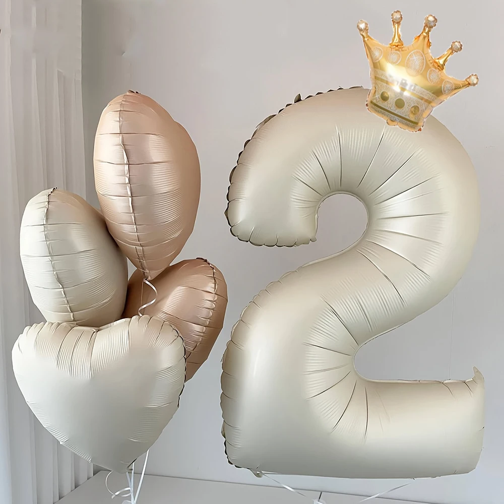 6pcs 40 inch Cream Caramel Color Crown Digital Love Heart Aluminum Film Balloon Set Birthday Wedding Singles Party Decoration