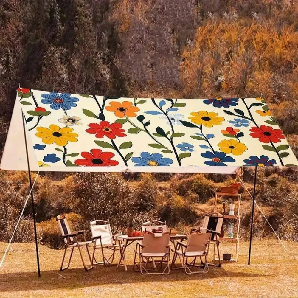 

1pc Bohemian Floral Canopy Awning - Lightweight Portable Outdoor Sun Shade For Beach, Camping, Garden, Picnics - All-Season, Easy Setup (Poles Not Included) - Durable For 6-Person Tent, Balcony, Pool