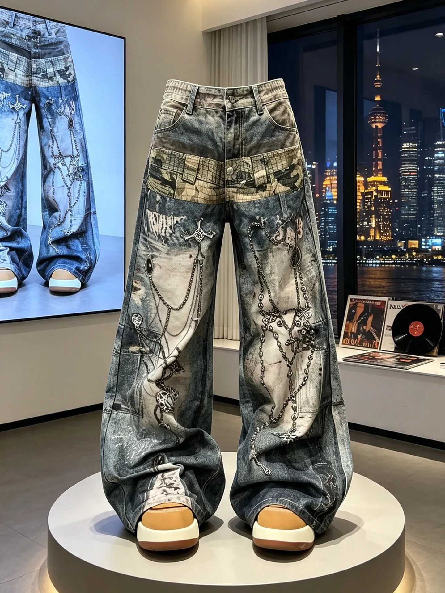 American High Street Chain 3D Digital Print Vintage Jeans Men's Wide Leg Pants Hip Hop Floor-Length Trousers Trendy