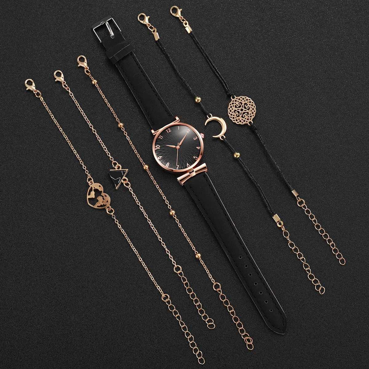 6PCs/Set Women's Minimalist Quartz Watch Fashion Black Leather Strap Watch With Triangle Bracelet