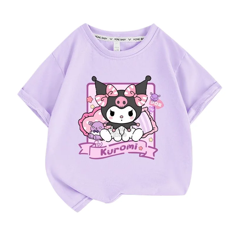 

Sanrio Summer Baby Girls 100% Cotton Clothes Kid Children Girl Cute Kuromi Printed T-shirts Cartoon Short Sleeve Top Outfits