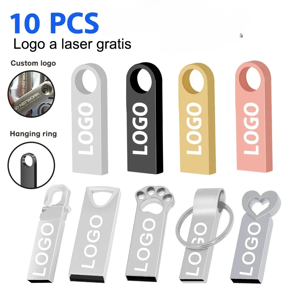 Metal USB Flash Drive com Logotipo Laser Grátis, Disco Flash, Memory Stick, 64GB, 128GB, 32GB, 16GB, 8GB, 4GB, 2GB, Entrega Gratuita, PCes 10