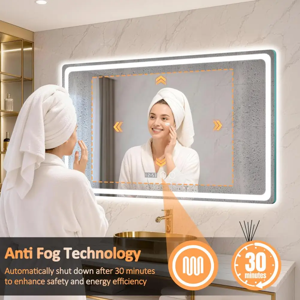 Wall-Mounted LED Bathroom Mirror Anti-Fog & Touch Control 70cm Smart Vanity Mirror with Time Display & 3-Color Dimmable Lighting