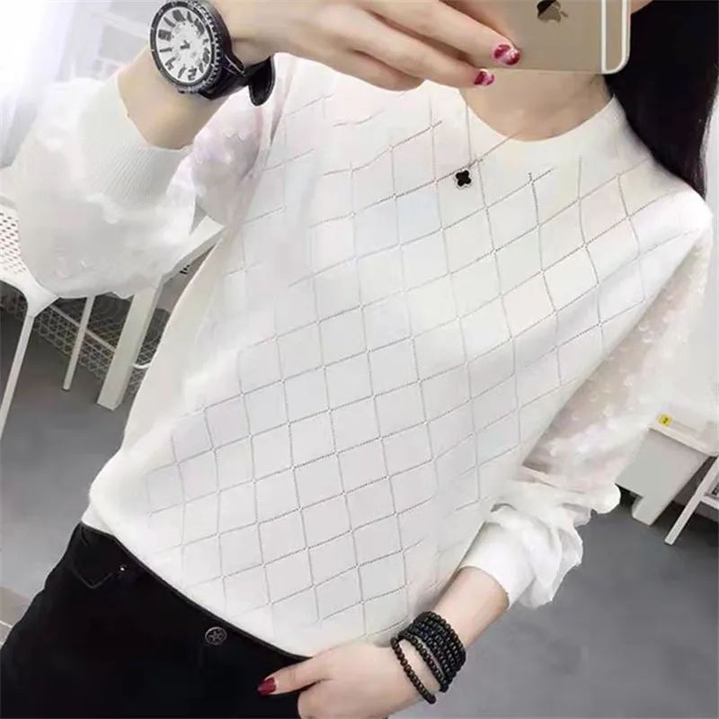 Fashion Plaid Pullover Tops Autumn Winter Thin Sweaters For Women Hollow Mesh Round Neck Long Sleeve Knitwear Pull Femme