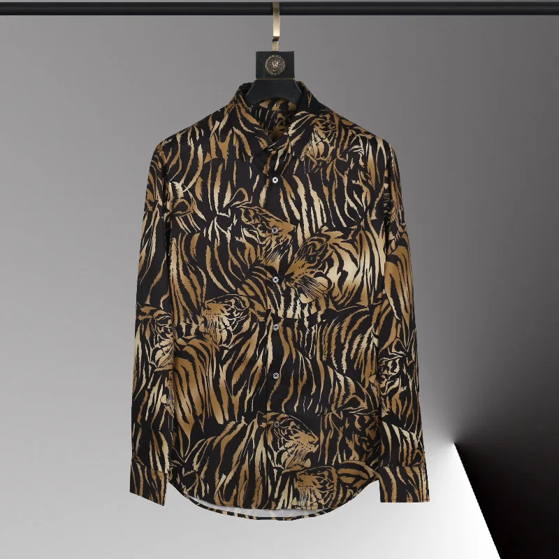 

2022 Silky Men Dress Shirts High Quality Long Sleeve Tiger Allover Printed Male Shirts Four Seasons Slim Fit Party Man Shirts