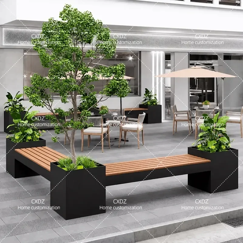 Outdoor Wrought Iron Flower Box Bench Integrated Planter Seat Commercial Street Resting Stool Square Garden Partition