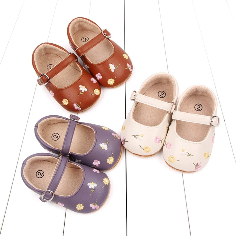 Baby Shoes for Girls 0-8M Solid Sweet Flower Embroidered First Walkers Casual Vintage Rubber Sole Anti-Slip Princess Shoes