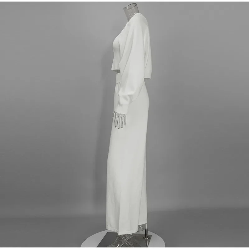 Damen Strick-3-Teiler-Set: O-Ausschnitt, ärmelloses Crop-Top, Langarm-Mantel, weit geschnittene Hose, Herbstmode, neue Strickwaren für Damen – Detail 6