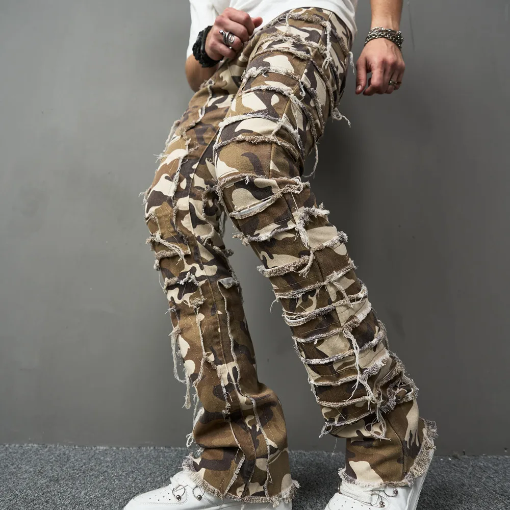 Men Fashion Camouflage Stacked Spliced Slim Jeans Trousers Good Quality Male Camo Straight Casual Denim Pants