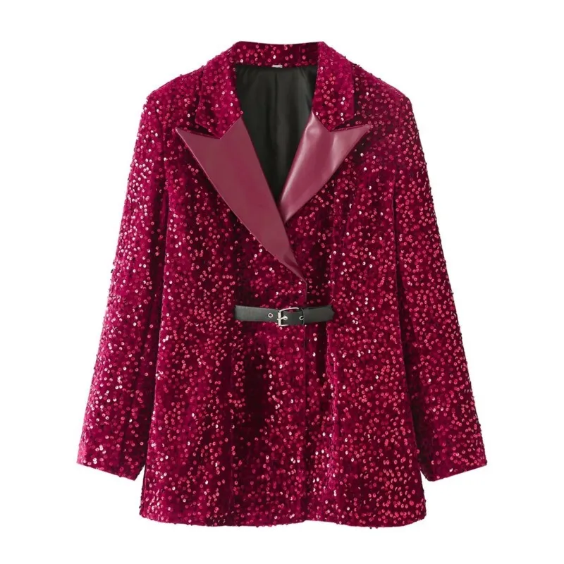 TRAF Sequin Blazer With Belt Women Autumn Patchwork Clothing Pocket Decoration Woman Coat Female Blazer