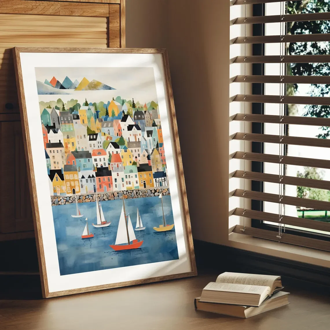Unframe Cheerful Seaside Village Wall Art - Timeless Graphic Print Evoking the Charm of a Quaint Coastal Town, Capturing the Pea