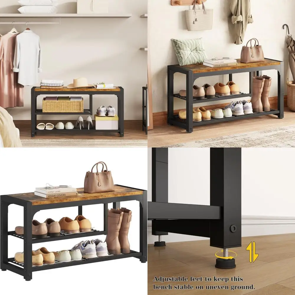 

Коричневая 3-х уровневая скамья для хранения обуви в деревенском стиле с сетчатыми полками для прихожей и органайзера для ботинок
