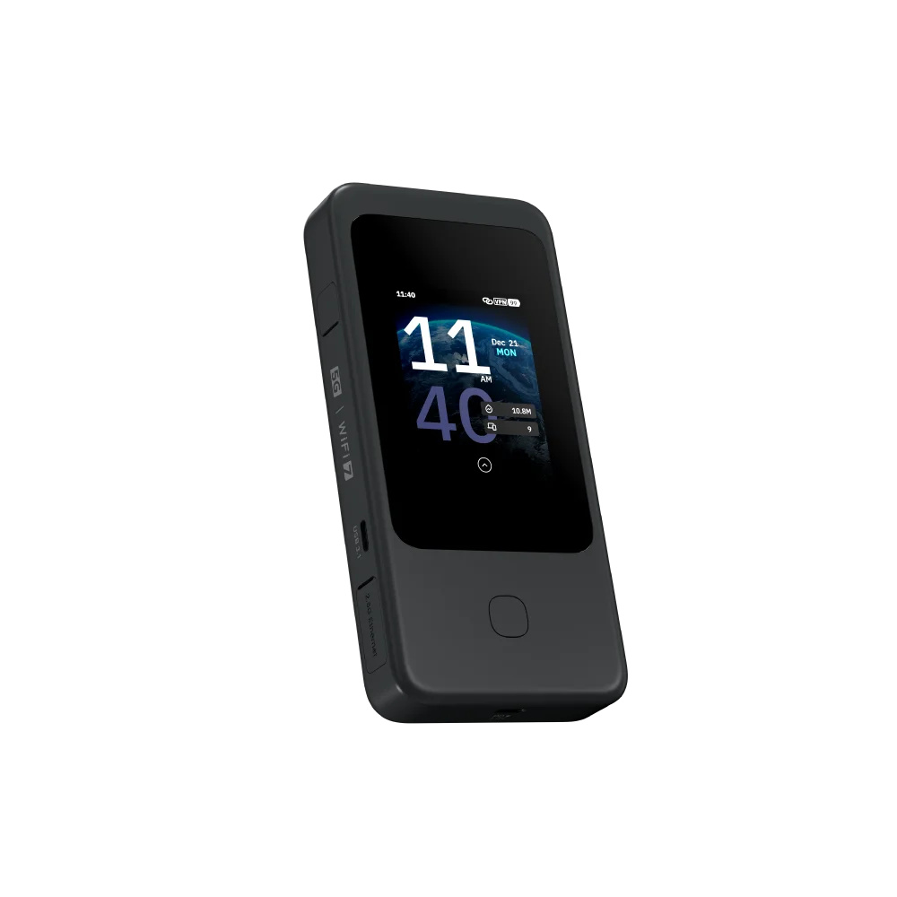

GL.iNet GL-E5800 (Mudi 7) 5G NR Tri-band Wi-Fi 7 Travel Router speeds up to 4.67 Gbps built-in eSIM, dual SIM,2.5G Ethernet Port