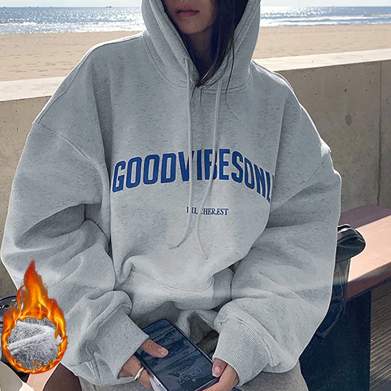 Women Korean Fashion Fleece lined hoodie Sweatshirt Letter Graphic Print Loose Daily Casual Long Sleeve pullover Top