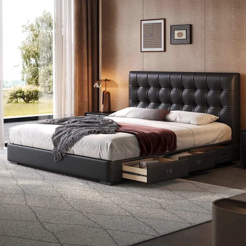 French retro bed modern minimalist storage master bedroom double bed Italian minimalist waffle