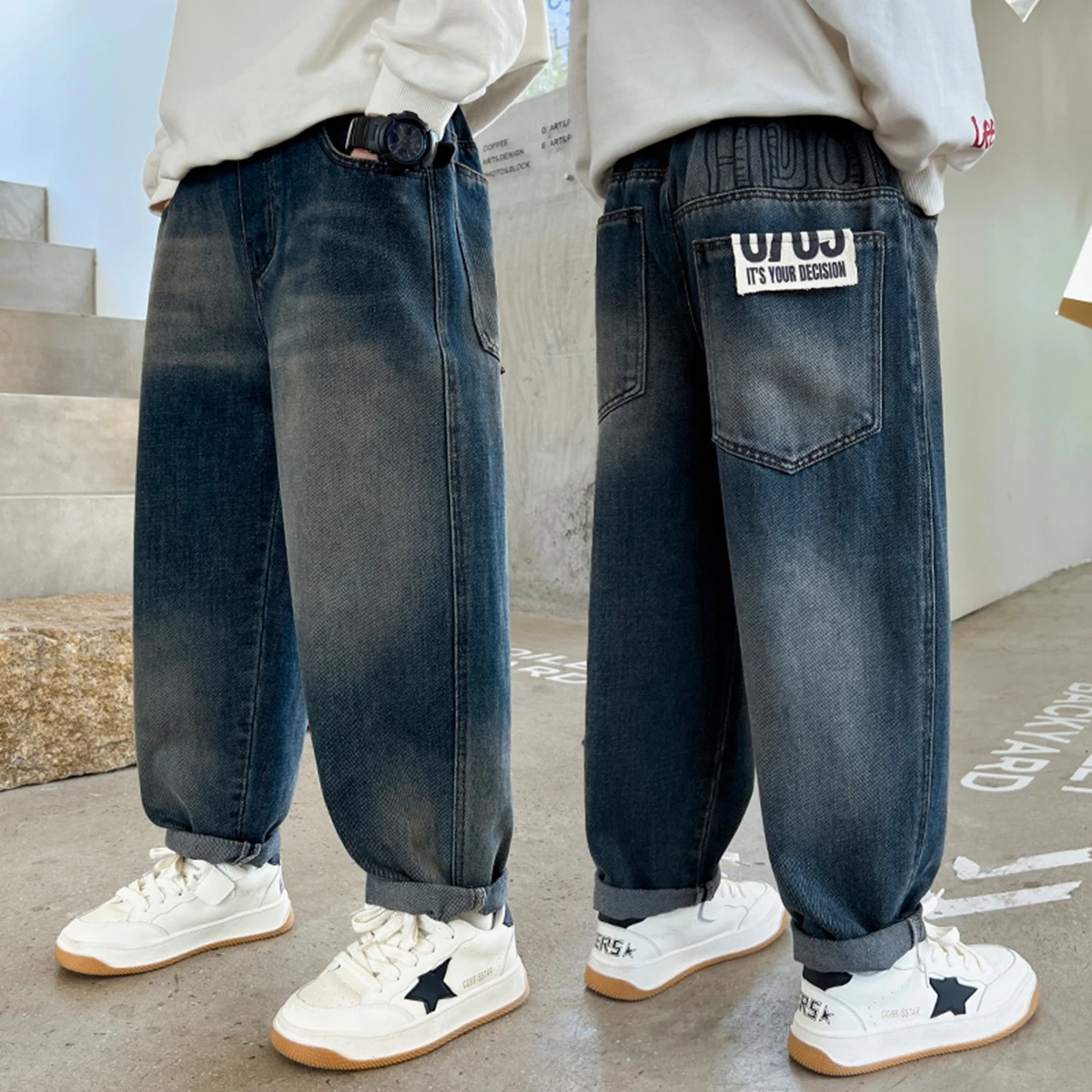 Trendy Boys Loose Fit Denim Jeans Casual Ripped Kids Teen Long Trousers Korean Style Cotton Blend for Autumn Spring
