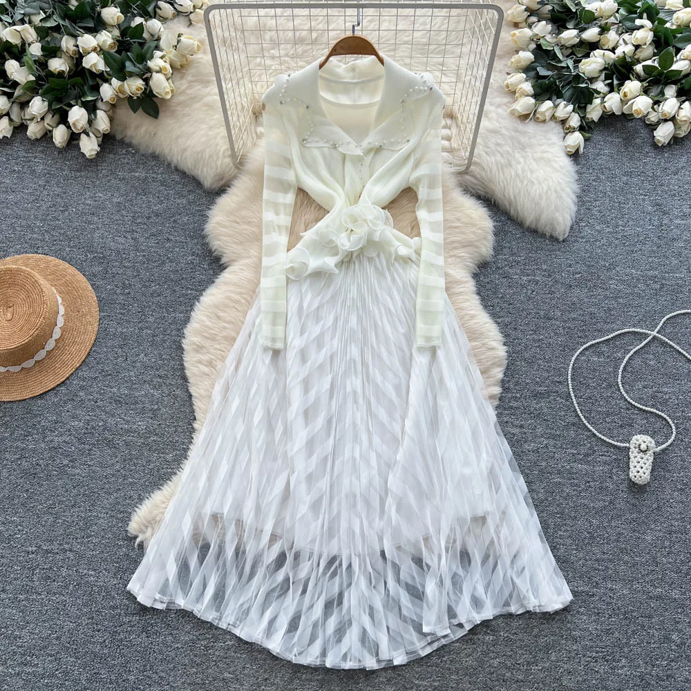 

Women Embroidered Flares Dresses Solid Dress Long Sleeve Ankle Length Elastic Waist Loose Elegant Casual Office Lady 2025 Autumn