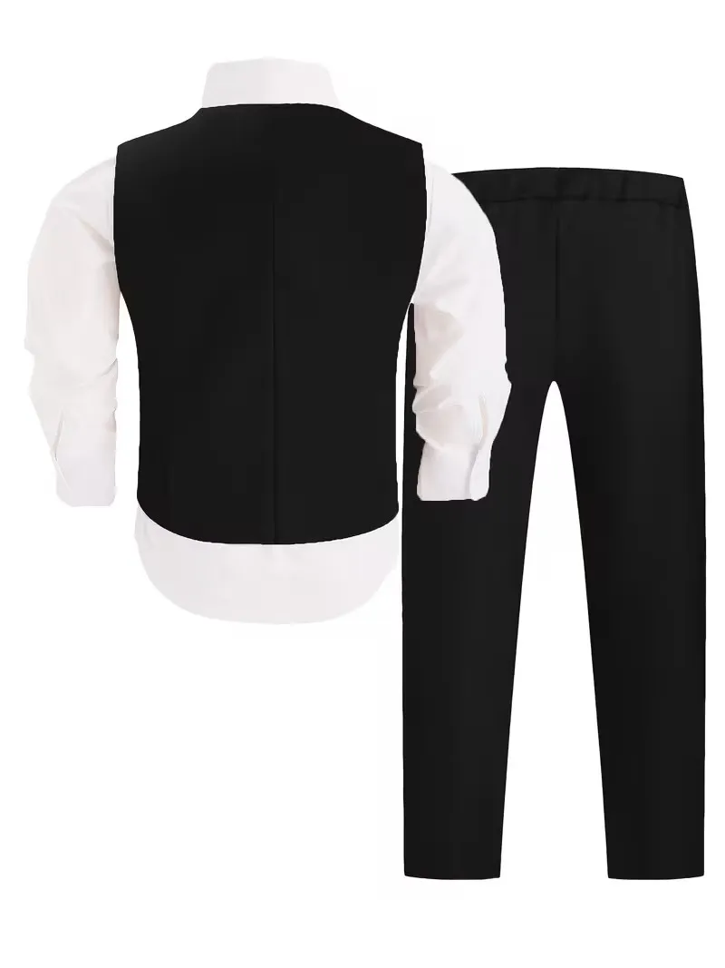 80-150 Boys Summer Black 4Pieces/Set Vest Shirt Pants Bowtie Photography Suit Kids Wedding Dress Children Ceremony Costume