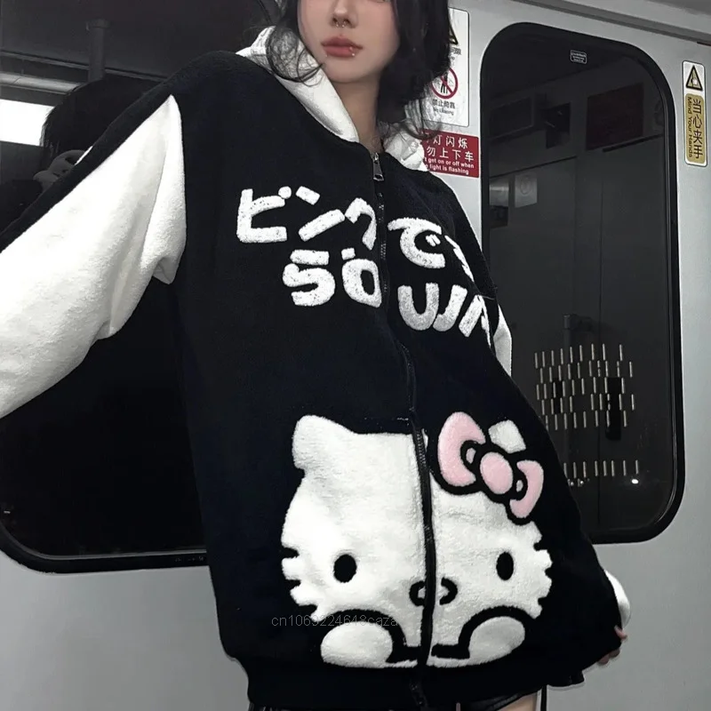 Sanrio Hello Kitty Plush Hoodies Women Fashion Zippers Cardigan American Trend Couples Sweatshirt Y2k Sweet Cute Girls Clothing