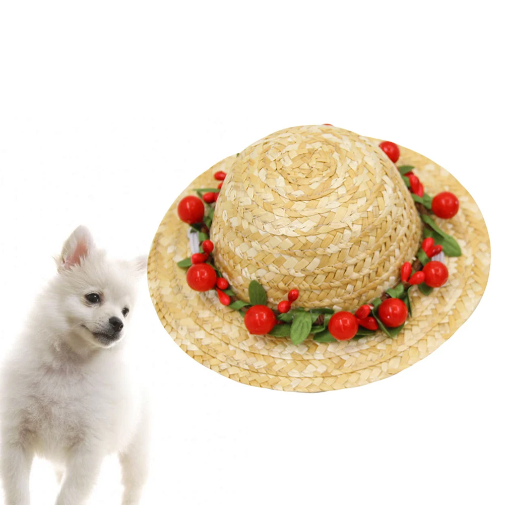 

Pet Straw Hat for Dog Cats Small Pets Flower Bucket Cap Ear Hole Sun Protection Woven Photo Birthday Masquerade Soft Comfortable