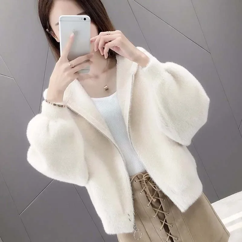 2024 Women Autumn Winter Imitation Mink Cashmere Coat Lady Loose Oversize Short Cardigan Female Casual h Knit Outerwear C120