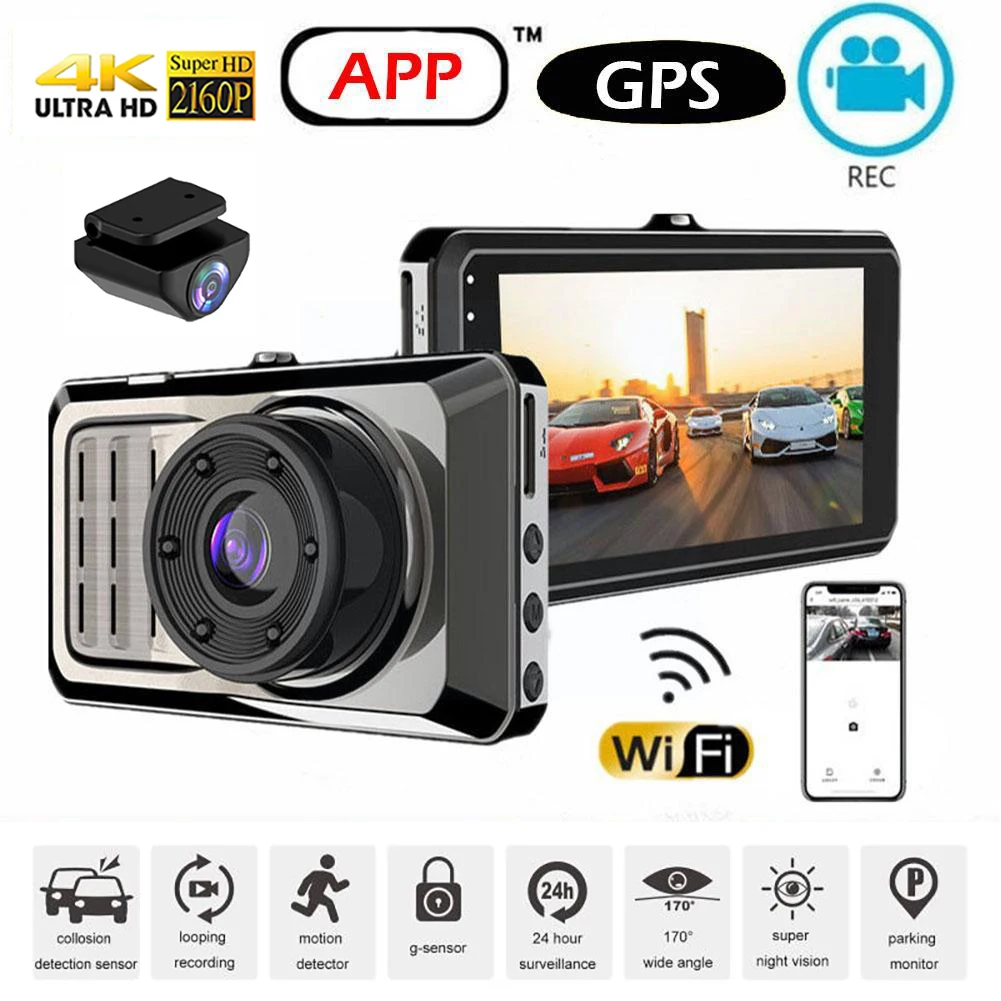 4K 2160P WIFI GPS Logger Dual Lens Car DVR Night Vision Rear View Camera Dash Cam Auto Driving Video Recorder Vehicle Black Box