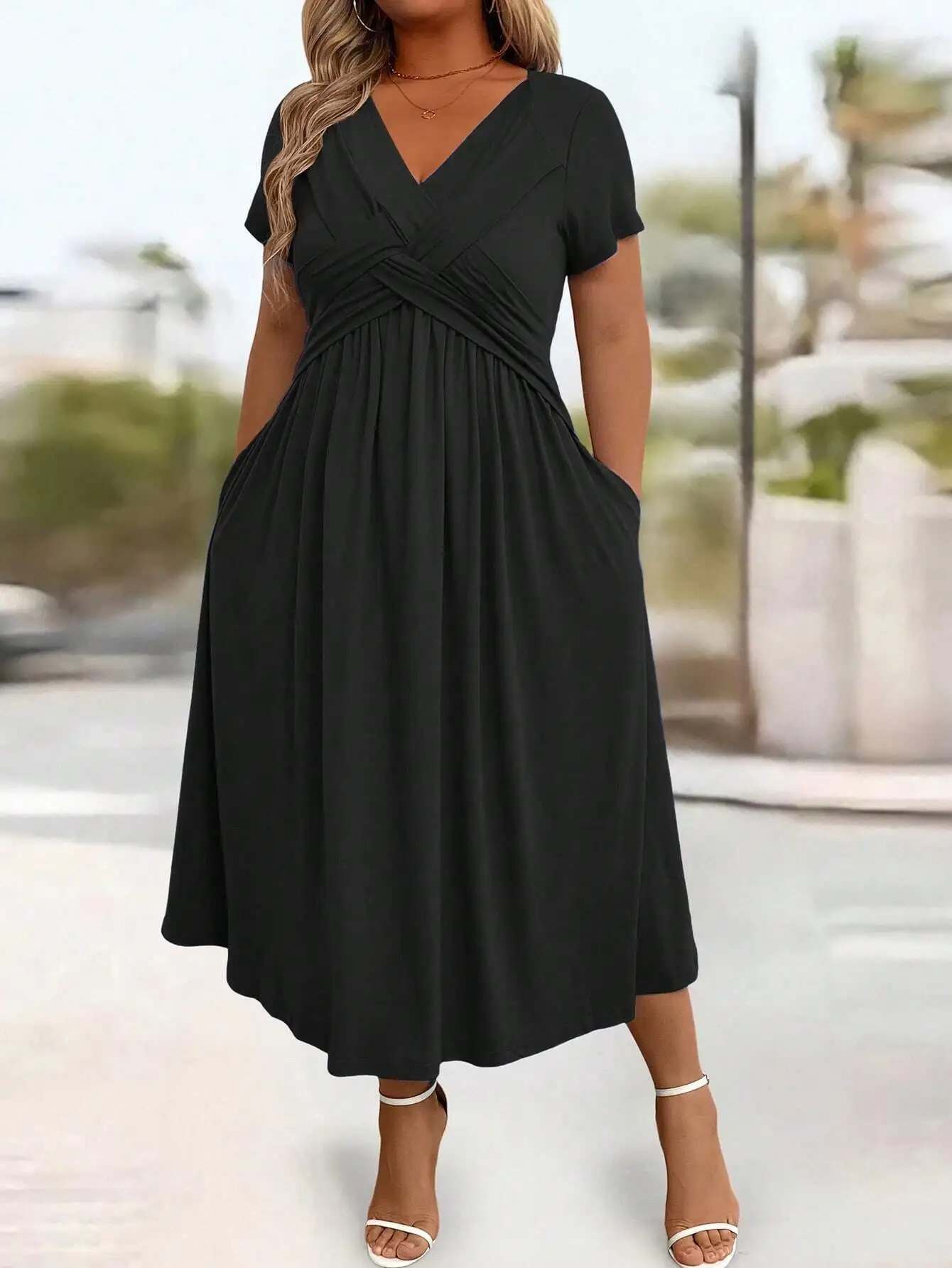 

Black Plus Size V-Neck Wrap Front A-Line Midi Dress With Side Pockets For Summer Casual Wear