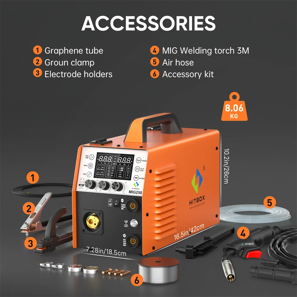 HITBOX MIG250 Aluminium-Puls-MIG-Schweißgerät 220V 250 Ampere 6-in-1 ARC MMA Stick Gas/Gaslos MIG Lift TIG Spool Gun IGBT Inverter-Schweißmaschine Großes intelligentes Digitaldisplay 2T/4T Spot Multi-Prozess-Synergisch-Schweißgerät – Detail 20