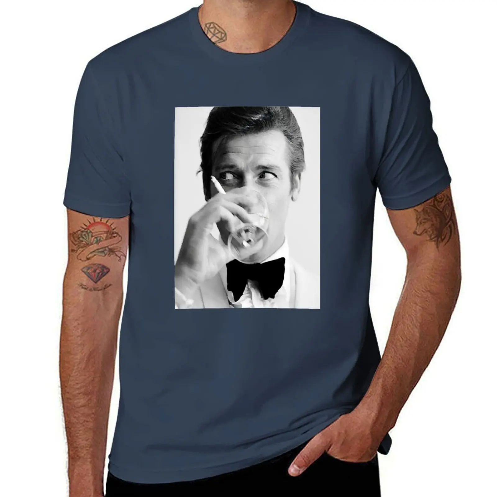 

Roger Moore with Martini T-Shirt man t shirts cotton t shirts for man cotton t shirts for man slim fit T-Shirt