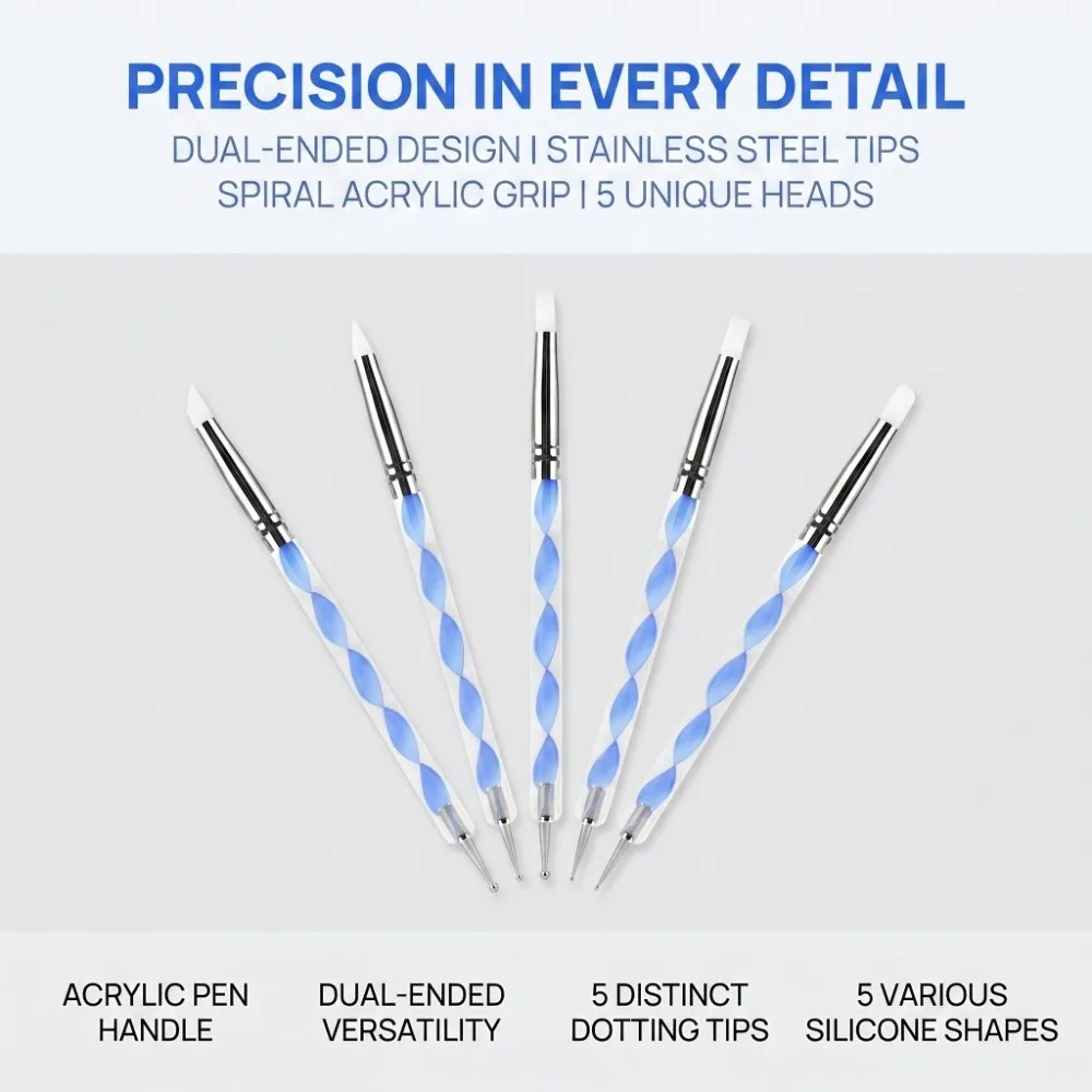 5PCS 5.8*0.2*0.04in Nail Art Silicone Pens Silicone Tip Multi Functional Embossing Modeling Pens Double Ended