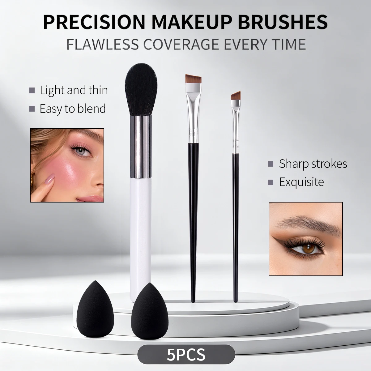 5Pcs Makeup Tools Set, Precision Face Eye Makeup Brushes with 2Pcs Makeup Puff, Soft Cosmetic Brushes for Blush Eyebrow Eyeliner