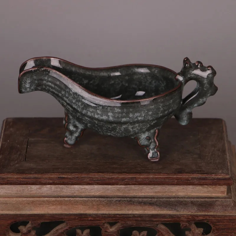 Handmade Chinese Song Guan Ware Ice Crackle Glaze Dragon Handle Three Legged Wine Cup Porcelain Vintage Home Decor Gift