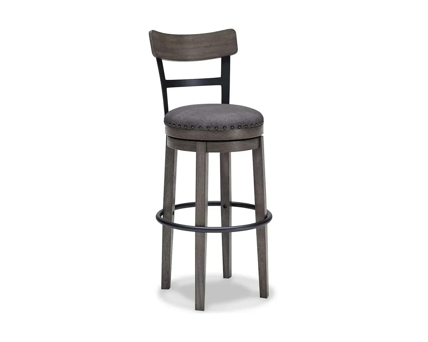 

A 30" Farmhouse Bar Height Upholstered Swivel Barstool, Gray