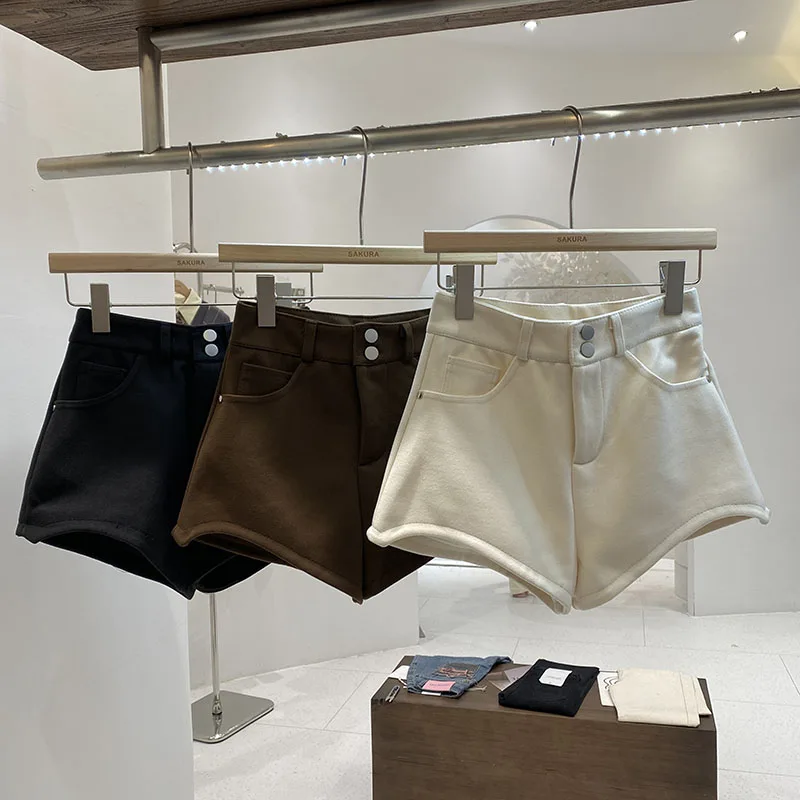 Short taille haute en laine et mélange pour femme, jambes larges, couleur unie, bottes courtes pour fille, automne et hiver