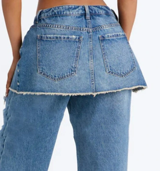 TWOTWINSTYLE Streetwear Wrap Skirt Panel Ripped Jeans for Women Raw Edge Distressed Hole Wide Leg Denim Pants for Daily Casual