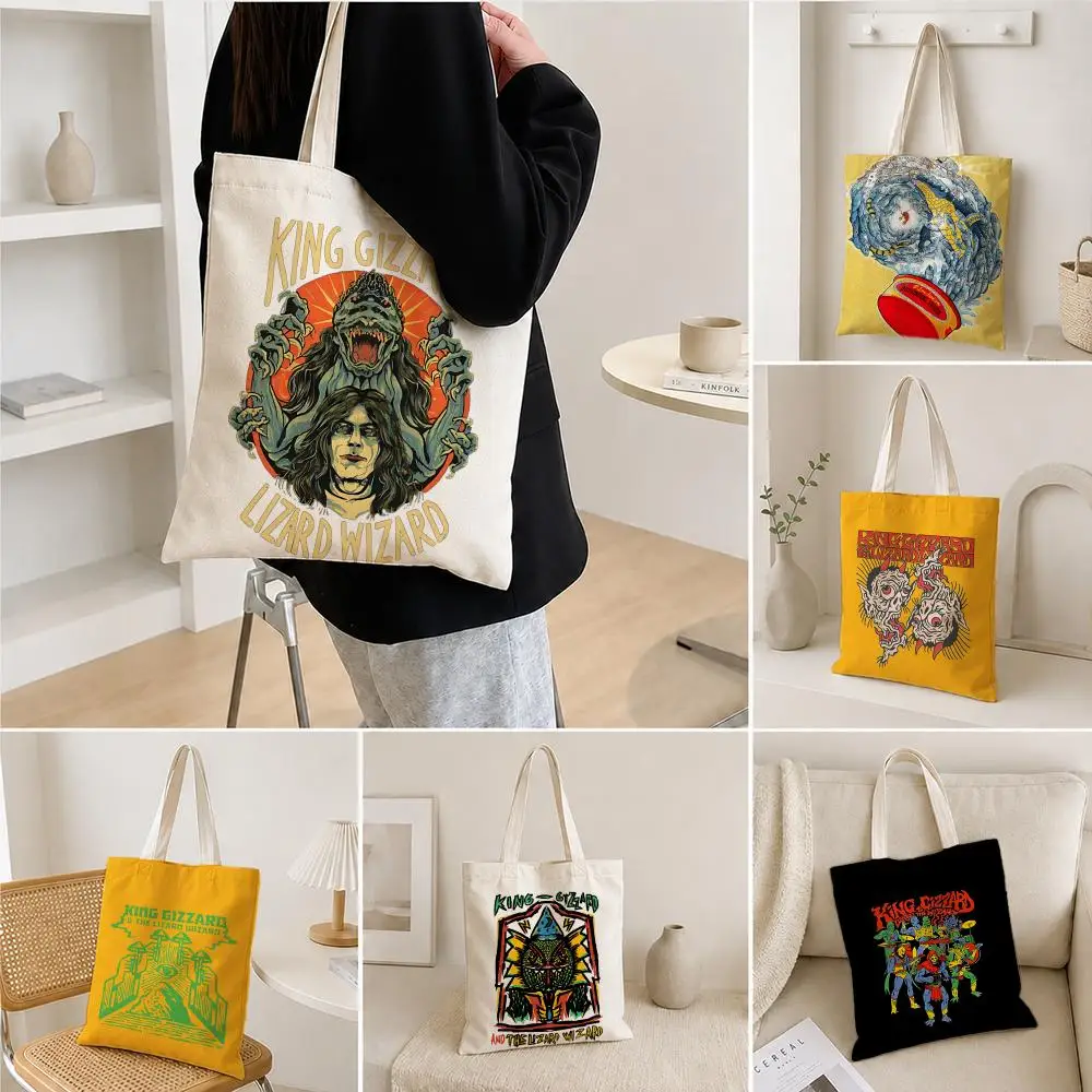 k-k-King Gizzard & the Lizard WizarD Storage Bags Polyester Canvas Foldable Tote Bag Lightweight Reusable Shopping Shoulder Bag